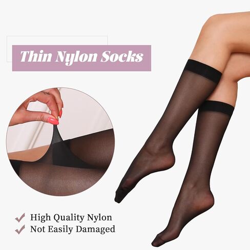 6 Pairs Women's Sheer Knee High Stockings 20D Thin Nylon Sheer Socks with Reinforced Toes Nude Black One Size in Saudi Arabia