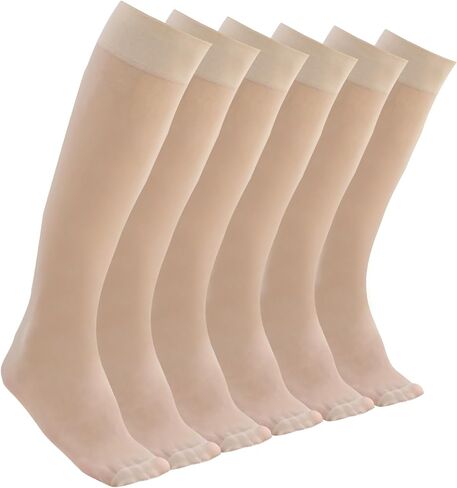 6 Pairs Women's Sheer Knee High Stockings 20D Thin Nylon Sheer Socks with Reinforced Toes Nude Black One Size in Saudi Arabia