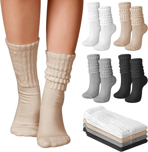 4 Pairs Unisex Slouch Socks Cotton Stacked Crew Socks Solid Color Casual Tube Sock Ribbed Workout Sock for Men Women, White Beige Black Gray in Kuwait