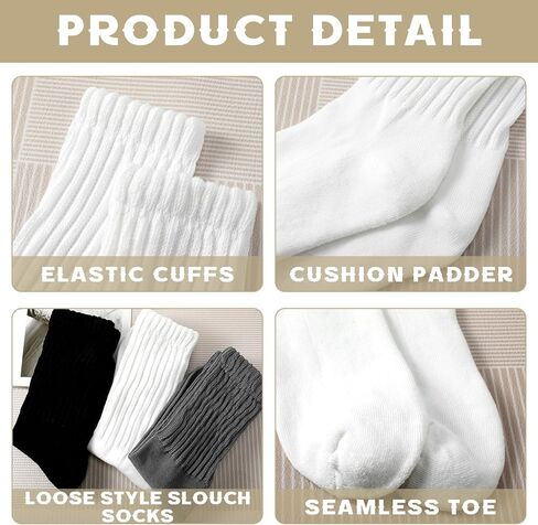 4 Pairs Unisex Slouch Socks Cotton Stacked Crew Socks Solid Color Casual Tube Sock Ribbed Workout Sock for Men Women, White Beige Black Gray in Kuwait