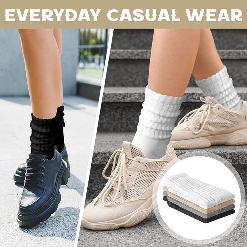 4 Pairs Unisex Slouch Socks Cotton Stacked Crew Socks Solid Color Casual Tube Sock Ribbed Workout Sock for Men Women, White Beige Black Gray in Kuwait