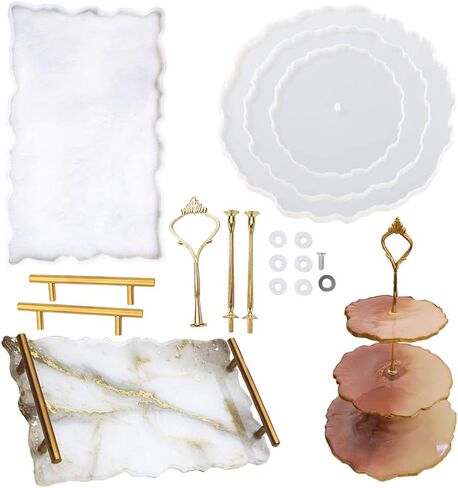 Silicone Resin Tray Molds, 4Pcs Large Resin Tray Molds 3 Tier Cupcake Stand Molds for Resin, Epoxy Resin Silicone Casting Mold with Handles Fittings for Serving Stand Making in Kuwait