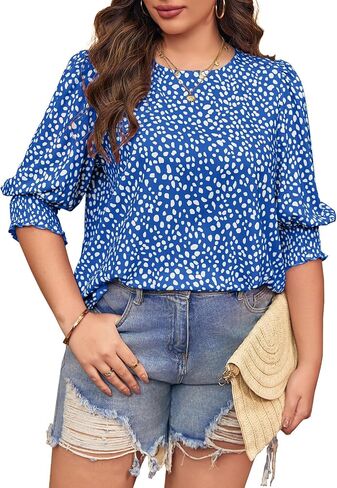 Imily Bela Womens Plus Size Blouse Puff 3/4 Sleeve Floral Tops Dressy Casual Shirts in Saudi Arabia