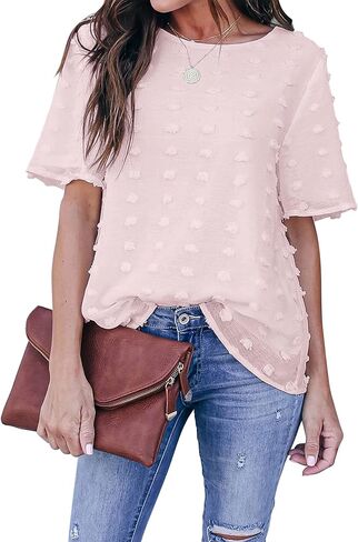 Blooming Jelly Womens Chiffon Blouse Summer Casual Round Neck Short Sleeve Pom Pom Shirts Top in Saudi Arabia