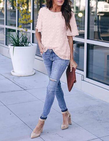 Blooming Jelly Womens Chiffon Blouse Summer Casual Round Neck Short Sleeve Pom Pom Shirts Top in Saudi Arabia