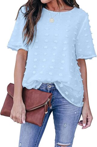 Blooming Jelly Womens Chiffon Blouse Summer Casual Round Neck Short Sleeve Pom Pom Shirts Top in Saudi Arabia