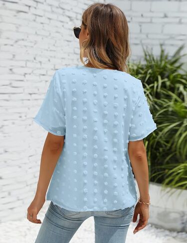 Blooming Jelly Womens Chiffon Blouse Summer Casual Round Neck Short Sleeve Pom Pom Shirts Top in Saudi Arabia