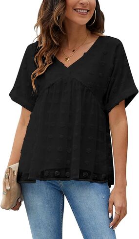 Blooming Jelly Womens Chiffon Blouse Summer Casual Round Neck Short Sleeve Pom Pom Shirts Top in Saudi Arabia