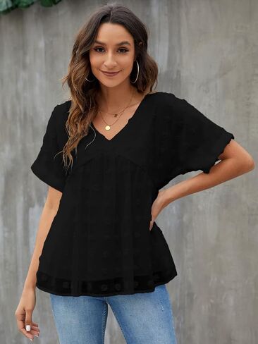 Blooming Jelly Womens Chiffon Blouse Summer Casual Round Neck Short Sleeve Pom Pom Shirts Top in Saudi Arabia