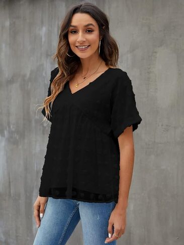 Blooming Jelly Womens Chiffon Blouse Summer Casual Round Neck Short Sleeve Pom Pom Shirts Top in Saudi Arabia