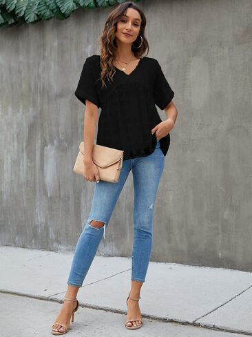 Blooming Jelly Womens Chiffon Blouse Summer Casual Round Neck Short Sleeve Pom Pom Shirts Top in Saudi Arabia