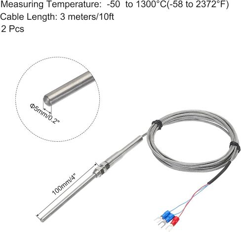 MECCANIXITY 2 قطعة PT100 RTD الحرارية الفولاذ المقاوم للصدأ M8 مسبار استشعار درجة الحرارة-50 إلى 1300C 10ft 5x100mm in Kuwait