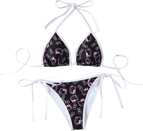 Women's Small Bra Triangle Thong Sexy Bikini Cute Printed Two-Piece Halter Neck Swimsuit Suit in Saudi Arabia