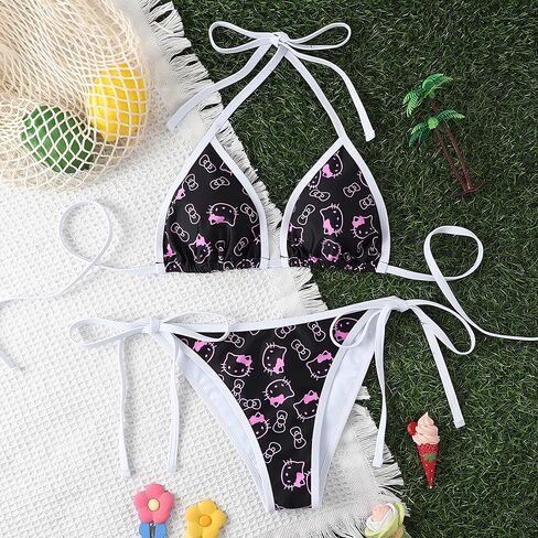Women's Small Bra Triangle Thong Sexy Bikini Cute Printed Two-Piece Halter Neck Swimsuit Suit in Saudi Arabia