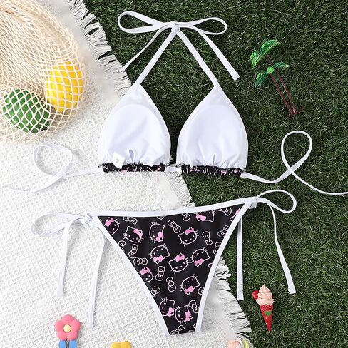 Women's Small Bra Triangle Thong Sexy Bikini Cute Printed Two-Piece Halter Neck Swimsuit Suit in Saudi Arabia