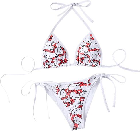 Women's Small Bra Triangle Thong Sexy Bikini Cute Printed Two-Piece Halter Neck Swimsuit Suit in Saudi Arabia