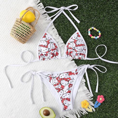 Women's Small Bra Triangle Thong Sexy Bikini Cute Printed Two-Piece Halter Neck Swimsuit Suit in Saudi Arabia