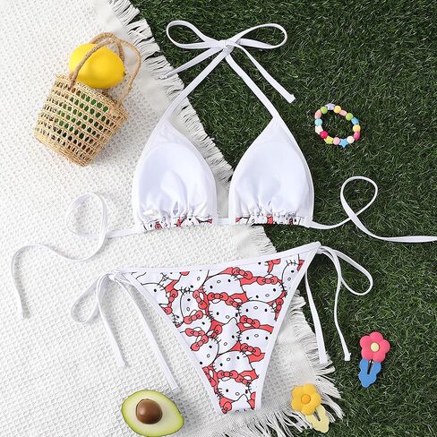 Women's Small Bra Triangle Thong Sexy Bikini Cute Printed Two-Piece Halter Neck Swimsuit Suit in Saudi Arabia