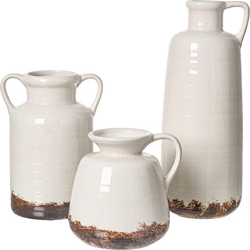 مجموعات تيريزا مزهرية سيراميك ريفية لديكور المنزل، مزهريات فخارية بيضاء طويلة القامة للمزرعة، مجموعة من 3 مزهريات زخرفية كبيرة لغرفة المعيشة، الرف، هدايا مثالية لعيد الأب، 10 بوصة in Kuwait