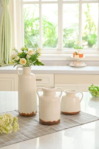 مجموعات تيريزا مزهرية سيراميك ريفية لديكور المنزل، مزهريات فخارية بيضاء طويلة القامة للمزرعة، مجموعة من 3 مزهريات زخرفية كبيرة لغرفة المعيشة، الرف، هدايا مثالية لعيد الأب، 10 بوصة in Kuwait