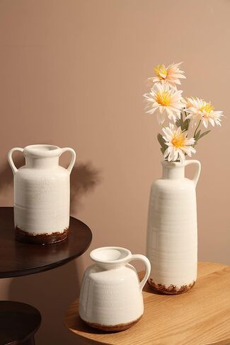 مجموعات تيريزا مزهرية سيراميك ريفية لديكور المنزل، مزهريات فخارية بيضاء طويلة القامة للمزرعة، مجموعة من 3 مزهريات زخرفية كبيرة لغرفة المعيشة، الرف، هدايا مثالية لعيد الأب، 10 بوصة in Kuwait