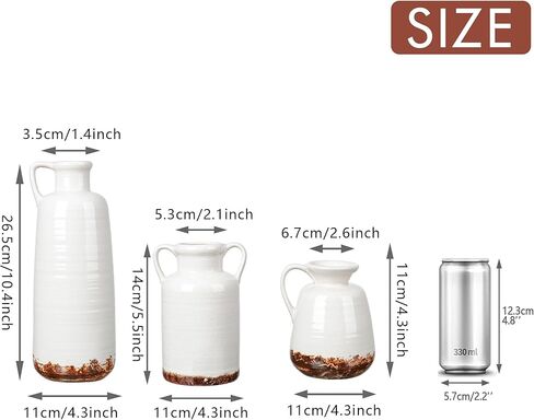 مجموعات تيريزا مزهرية سيراميك ريفية لديكور المنزل، مزهريات فخارية بيضاء طويلة القامة للمزرعة، مجموعة من 3 مزهريات زخرفية كبيرة لغرفة المعيشة، الرف، هدايا مثالية لعيد الأب، 10 بوصة in Kuwait