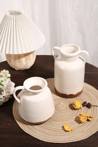 مجموعات تيريزا مزهرية سيراميك ريفية لديكور المنزل، مزهريات فخارية بيضاء طويلة القامة للمزرعة، مجموعة من 3 مزهريات زخرفية كبيرة لغرفة المعيشة، الرف، هدايا مثالية لعيد الأب، 10 بوصة in Kuwait