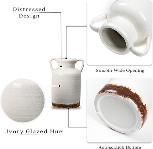 مجموعات تيريزا مزهرية سيراميك ريفية لديكور المنزل، مزهريات فخارية بيضاء طويلة القامة للمزرعة، مجموعة من 3 مزهريات زخرفية كبيرة لغرفة المعيشة، الرف، هدايا مثالية لعيد الأب، 10 بوصة in Kuwait