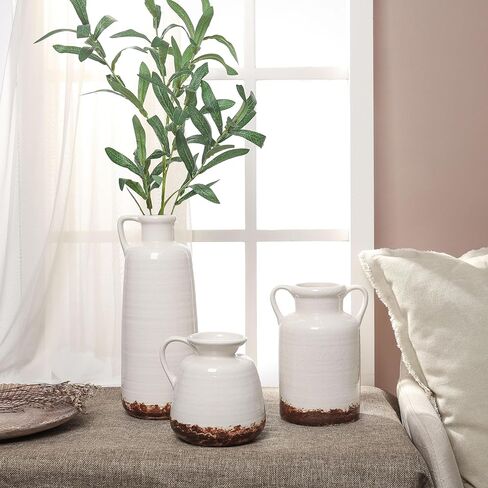 مجموعات تيريزا مزهرية سيراميك ريفية لديكور المنزل، مزهريات فخارية بيضاء طويلة القامة للمزرعة، مجموعة من 3 مزهريات زخرفية كبيرة لغرفة المعيشة، الرف، هدايا مثالية لعيد الأب، 10 بوصة in Kuwait