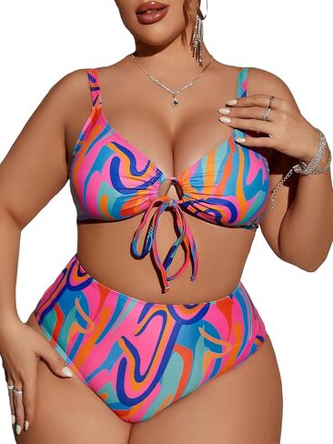 SOLY HUX Women's Plus Size Swimsuit Printed Tie Front 2 Piece Bikini Summer High Waist Bathing Suits in Saudi Arabia