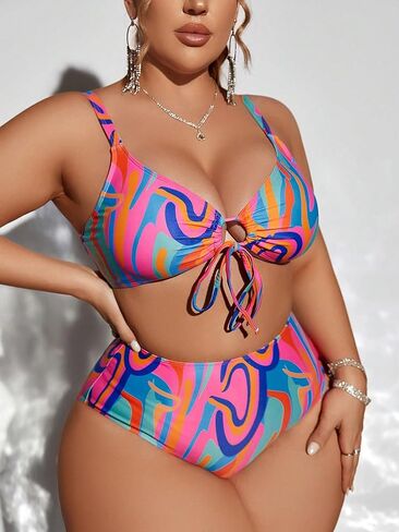 SOLY HUX Women's Plus Size Swimsuit Printed Tie Front 2 Piece Bikini Summer High Waist Bathing Suits in Saudi Arabia