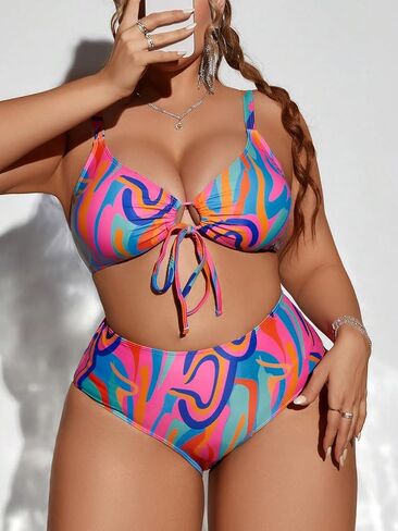 SOLY HUX Women's Plus Size Swimsuit Printed Tie Front 2 Piece Bikini Summer High Waist Bathing Suits in Saudi Arabia