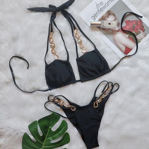 Women's Rhinestone Bikini Set Sparkly Rave Outfits Two Piece Sexy Triangle Bra Halter Swimsuit Bathing Suit in Saudi Arabia