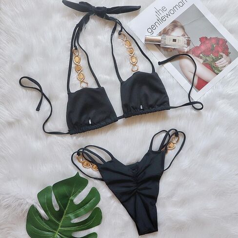 Women's Rhinestone Bikini Set Sparkly Rave Outfits Two Piece Sexy Triangle Bra Halter Swimsuit Bathing Suit in Saudi Arabia
