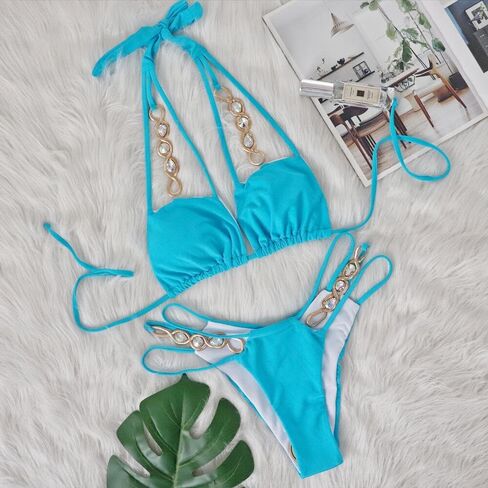 Women's Rhinestone Bikini Set Sparkly Rave Outfits Two Piece Sexy Triangle Bra Halter Swimsuit Bathing Suit in Saudi Arabia