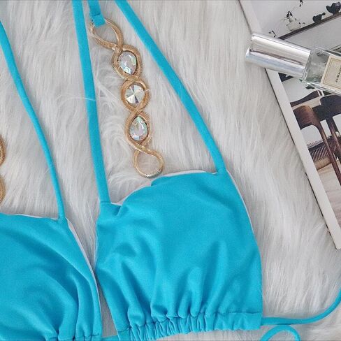 Women's Rhinestone Bikini Set Sparkly Rave Outfits Two Piece Sexy Triangle Bra Halter Swimsuit Bathing Suit in Saudi Arabia