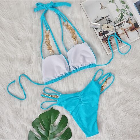 Women's Rhinestone Bikini Set Sparkly Rave Outfits Two Piece Sexy Triangle Bra Halter Swimsuit Bathing Suit in Saudi Arabia
