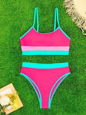 OYOANGLE Women's 2 Piece Bikini Sets Colorblock Sleeveless Scoop Neck Wireless Mid Rise Swimsuits in Saudi Arabia