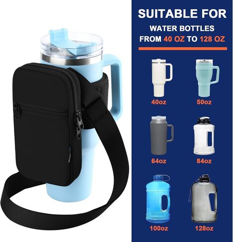 Gym Water Bottle Pouch for Stanley Tumbler with Handle, Universal Water Bottle Carrier Sling Sleeve with Strap & Pocket, Compatible with A Variety of Stanley Tumbler, Gym Water Bottles, 40-128 oz in Saudi Arabia