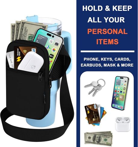 Gym Water Bottle Pouch for Stanley Tumbler with Handle, Universal Water Bottle Carrier Sling Sleeve with Strap & Pocket, Compatible with A Variety of Stanley Tumbler, Gym Water Bottles, 40-128 oz in Saudi Arabia