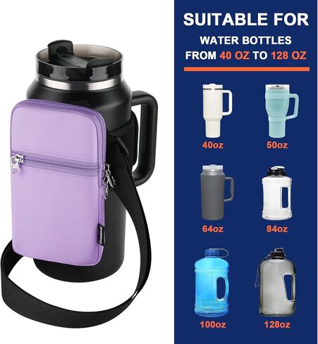 Gym Water Bottle Pouch for Stanley Tumbler with Handle, Universal Water Bottle Carrier Sling Sleeve with Strap & Pocket, Compatible with A Variety of Stanley Tumbler, Gym Water Bottles, 40-128 oz in Saudi Arabia