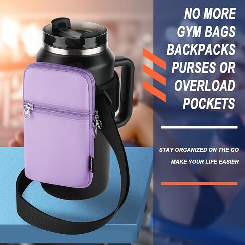 Gym Water Bottle Pouch for Stanley Tumbler with Handle, Universal Water Bottle Carrier Sling Sleeve with Strap & Pocket, Compatible with A Variety of Stanley Tumbler, Gym Water Bottles, 40-128 oz in Saudi Arabia