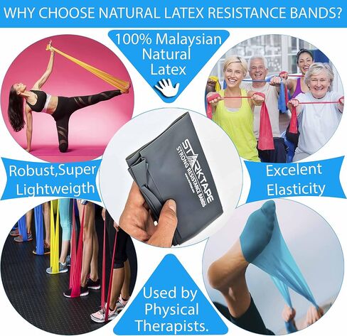 عصابات المقاومة Starktape. شريط من اللاتكس الطبيعي الماليزي بنسبة 100%. مثالي للعلاج الطبيعي، والتمارين المنزلية، واليوجا، والبيلاتس، وصالة الألعاب الرياضية، وتدريبات إعادة التأهيل. لا رائحة ولا مسحوق in Kuwait