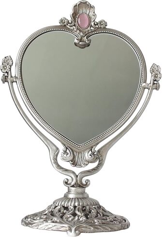 Vintage Heart Shaped Vanity Mirror with Embossed Feather/Antique & Luxury Decorative Table top Retro Mirror with Mounted Bead for Bedroom, Living Room and Room Decor (Brass (Matt Gold)) in Saudi Arabia