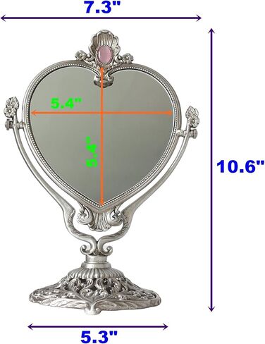 Vintage Heart Shaped Vanity Mirror with Embossed Feather/Antique & Luxury Decorative Table top Retro Mirror with Mounted Bead for Bedroom, Living Room and Room Decor (Brass (Matt Gold)) in Saudi Arabia