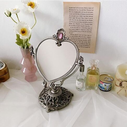 Vintage Heart Shaped Vanity Mirror with Embossed Feather/Antique & Luxury Decorative Table top Retro Mirror with Mounted Bead for Bedroom, Living Room and Room Decor (Brass (Matt Gold)) in Saudi Arabia