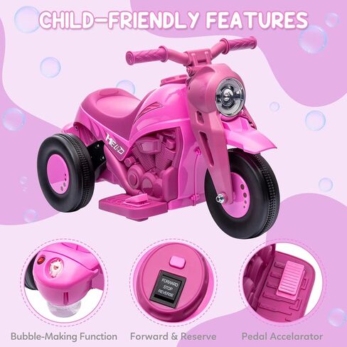 GAOMON Kids دراجة نارية كهربائية مع وظيفة الفقاعات، لعبة ركوب على دراجة نارية تعمل ببطارية 6 فولت مع مصابيح أمامية LED، للأمام/الاحتياطي، موسيقى، دواسة، سيارة فقاعات 3 عجلات للأطفال من سن 3 سنوات فما فوق للأولاد والبنات، وردي in Saudi Arabia