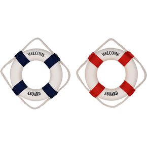 Beautyflier Nautical Life Ring Buoy Welcome Aboard Cloth Decorative Home Wall Hanging Decor Ornament, Red and Navy Blue