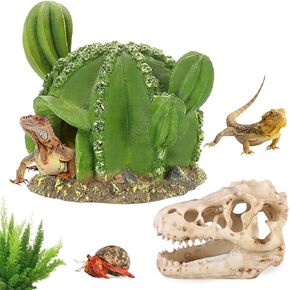 Resin Cactus Desert Decor and Dinosaur Skull Hideout, 2PCS Reptile Tank Decor, Resin Cactus Desert Aquarium Tank Habitat Accessories, Cave Plants Terrarium Decorations for Chameleon Leopard Gecko