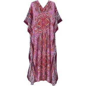 SAGEFINDS Pink Kaleidoscope Caftan for Women, Long Maxi Dress, Loungewear Kaftan, Swimsuit Beach Cover Up, Kimono Sleeves, One Size